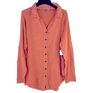NEW PBJ Blues Orange Acid Wash Denim Collar Button Front Tunic Sweater Size XL